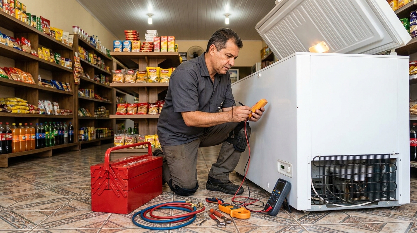 Recarga de gás refrigerante no freezer durante atendimento em Guarulhos‑SP