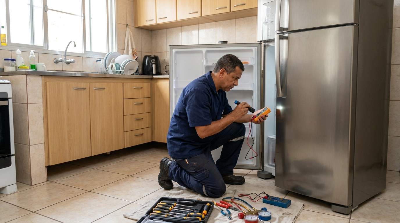 Técnico aplicando recarga de gás refrigerante em geladeira em Guarulhos‑SP